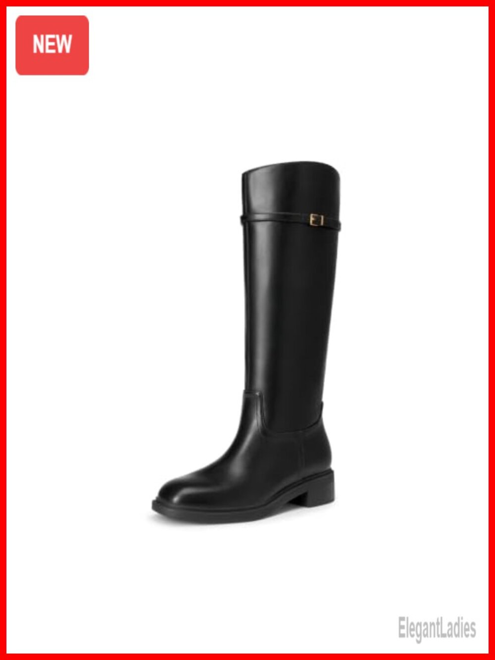 Knee-High Faux Leather Riding Boots with Adjustable Buckle Pull-On Design